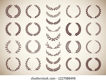 Collection of twenty five circular vintage laurel wreaths. Can be used as design elements in heraldry on an award certificate, manuscript and to symbolise victory illustration in silhouette