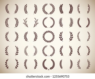 Collection of twenty five circular vintage laurel wreaths. Can be used as design elements in heraldry on an award certificate, manuscript and to symbolise victory illustration in silhouette