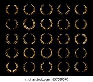 Collection of twenty five gold circular laurel, olive and oak wreaths for use as design elements in heraldry on an award certificate manuscript and to symbolise victory illustration in silhouette.