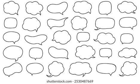 Collection of twenty five hand drawn speech bubbles expressing communication. Vector illustration