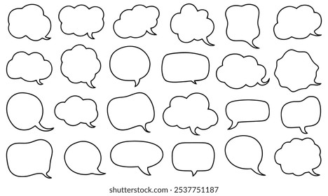 Collection of twenty five hand drawn speech bubbles expressing communication. Vector illustration