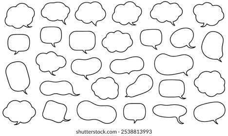  Colección de veinticinco burbujas de discurso dibujadas a mano que expresan la comunicación. Ilustración vectorial
