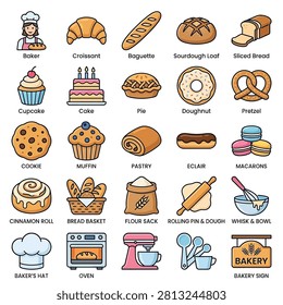 A collection of twenty five hand drawn style vector icons featuring bread pastries cakes and baking tools for bakery branding