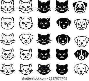 Collection of twenty five simple cat and dog face icons arranged in a neat grid. The black and white illustrations include outline and solid silhouette styles with various facial expressions, isolated on a white background for pet branding, apps, signage, and educational materials.