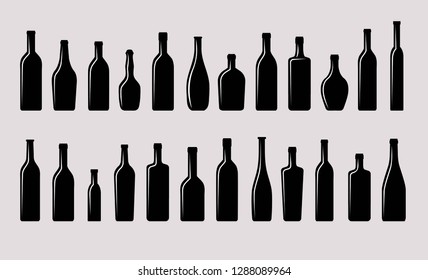 collection of twenty four diverse bottles for wines and spirits, vector illustration