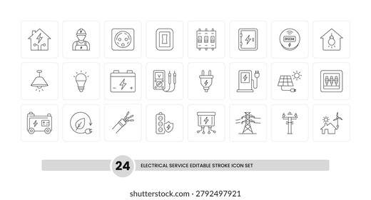 Collection of twenty four electrical service and power equipment line icons.