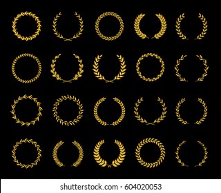 Collection of twenty gold circular laurel and oak wreaths for use as design elements in heraldry on an award certificate manuscript and to symbolise victory illustration in silhouette