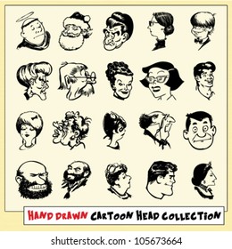 Collection of twenty hand drawn cartoon heads in black, isolated on light yellow background (1)