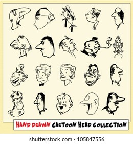 Collection of twenty hand drawn cartoon heads in black, isolated on light yellow background (6)