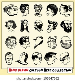 Collection of twenty hand drawn cartoon heads in black, isolated on light yellow background (3)