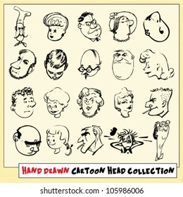 Collection of twenty hand drawn cartoon heads in black, isolated on light yellow background (9)