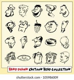 Collection of twenty hand drawn cartoon heads in black, isolated on light yellow background (8)