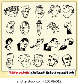 Collection of twenty hand drawn cartoon heads in black, isolated on light yellow background (10)