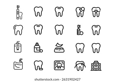 A collection of twenty line icons related to dental care, including teeth, dental tools, and treatments. The style is simple and consistent.