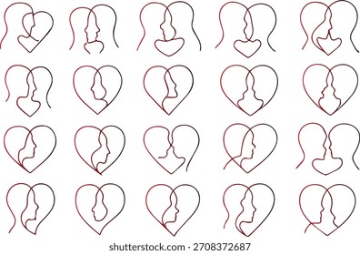 Colección de veinte dibujos minimalistas de arte lineal continuo que representan perfiles abstractos de dos personas que forman una forma de corazón, aislados sobre fondo blanco