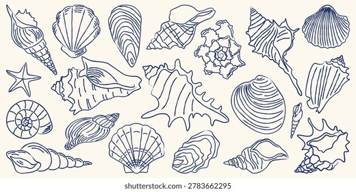Collection of twenty minimalist seashell and starfish line art icons in dark blue stroke. Large set of nautical outline elements for elegant summer branding or marine patterns. Vector illustration