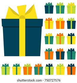 Collection of twenty multi colored gift boxes. Vector illustration