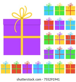 Collection of twenty multi colored gift boxes. Vector illustration
