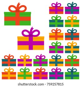 Collection of twenty multi colored gift boxes. Vector illustration