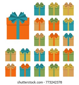 Collection of twenty multi colored gift boxes. Vector illustration