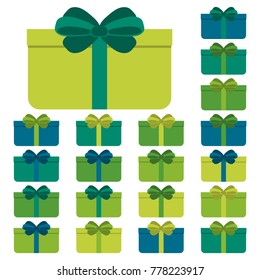 Collection of twenty multi colored gift boxes. Vector illustration
