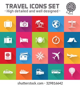 Collection of twenty multicolored high quality icons set for travel and tourism