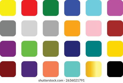 Collection of twenty one colorful rounded square shapes displaying various vibrant tones