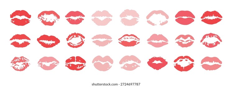 Sammlung von 21 rot rosa Lippenstift Kiss Spuren sortiert Schattierungen Textur Set Design-Element