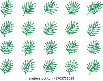 Uma coleção de vinte ilustrações simples em preto e branco de folhas tropicais ou frondes de palma dispostas em um padrão de grade, isoladas sobre fundo branco