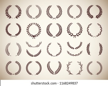 Collection of twenty two circular vintage laurel wreaths. Can be used as design elements in heraldry on an award certificate, manuscript and to symbolise victory illustration in silhouette