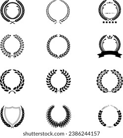 Colección de veintidós coronas circulares de laurel vintage. El certificado de premio puede utilizarse como elementos de diseño para simbolizar la ilustración de la victoria en manuscrito y silueta