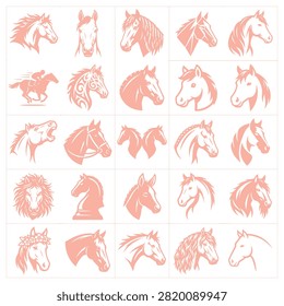 Collection of twenty unique horse head illustrations including racing and portrait styles, perfect for farm branding and equestrian events.