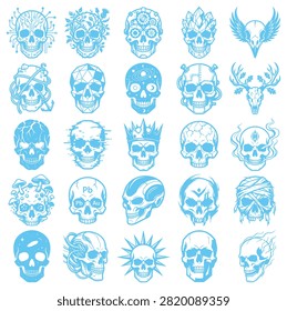 Collection of twenty unique skull illustrations featuring diverse motifs like technology space nature and geometry for creative design projects