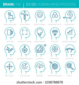 Collection of twenty vector icons showing mind processes inside human mind in thin vector line style.