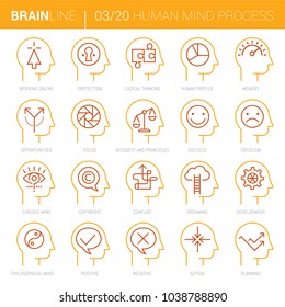 Collection of twenty vector icons showing mind processes inside human mind in thin vector line style.