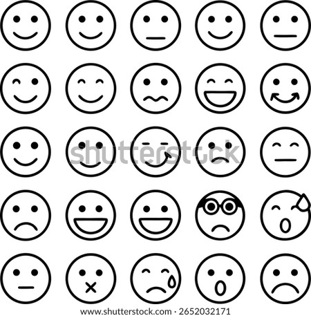 A collection of twenty-five black and white line art emoji faces are arranged in a grid pattern, displaying a range of emotions from happy to sad and neutral.