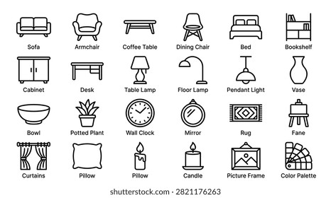 Collection of twenty-five black and white outline icons representing various pieces of furniture and home decor items, suitable for interior design websites, furniture catalogs, and home staging guides.