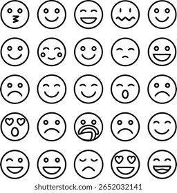 A collection of twenty-five line art emoji faces. The emojis display a range of emotions, including happiness, sadness, love, and surprise in a simple grid.