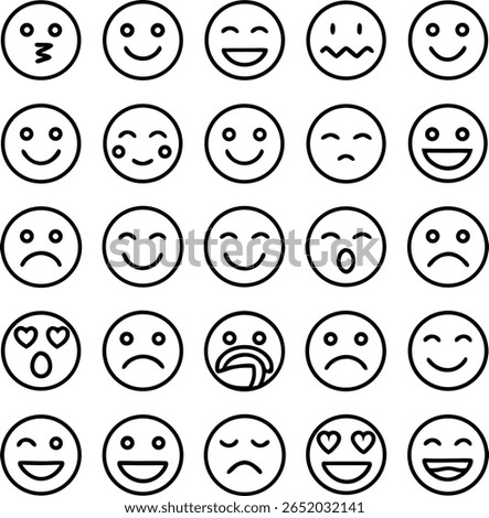 A collection of twenty-five line art emoji faces. The emojis display a range of emotions, including happiness, sadness, love, and surprise in a simple grid.