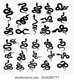 Uma coleção de vinte e quatro silhuetas pretas de cobra, cada uma em uma pose enrolada ou deslizante diferente, definida contra um fundo transparente.