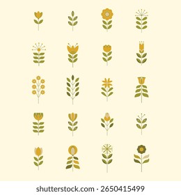 Collection of twenty-four distinct floral designs. Each design features a simplified, geometric representation of a flower, leaf, and stem.  The colors used are muted shades of yellow and olive green