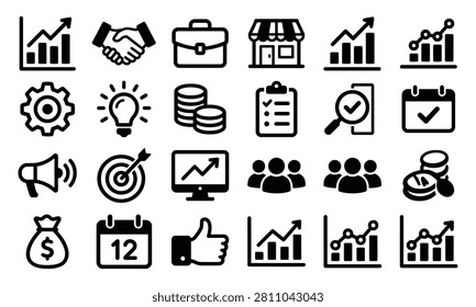A collection of twentyfour flat black vector icons representing business management and financial growth concepts