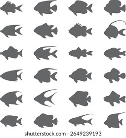 A collection of twenty-four gray fish silhouettes on a white background. The fish are various shapes and sizes, presented in a grid pattern.