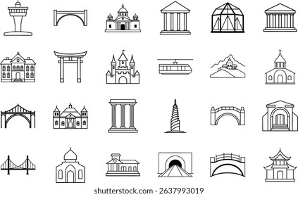 A collection of twentyfour line drawings depicting various architectural structures including bridges, temples, towers, palaces, and other landmarks.