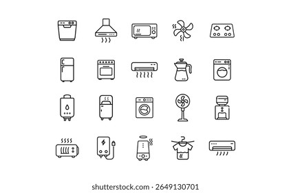A collection of twenty-four line icons depicting various household appliances, including kitchen appliances, laundry appliances, and climate control devices.