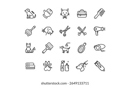 Une collection de vingt-quatre icônes représentant divers outils et fournitures pour le toilettage des animaux de compagnie, y compris des brosses, des ciseaux, des sèche-cheveux et des porte-animaux.  La...