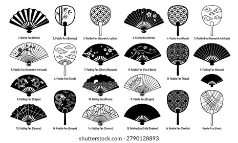 Collection of twenty-four monochrome vector illustrations depicting various styles of traditional Japanese folding fans and round rigid fans with intricate patterns.
