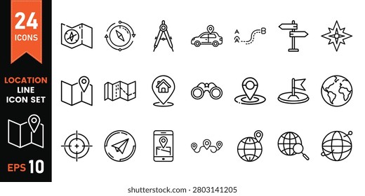 A collection of twentyfour vector line icons representing travel navigation mapping and location finding concepts