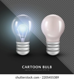 Collection of  two 3d incandescent bulbs. Vector cartoon white (silver) and transparent glowing lightbulbs. Realistic glossy filament lamps for decoration. Electricity turned on. Switched on bulbs