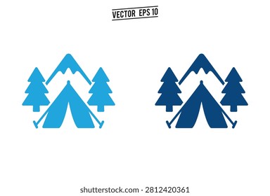 A collection of two camping icons featuring a tent nestled between evergreen trees and snowy mountain peaks in light and dark blue shades